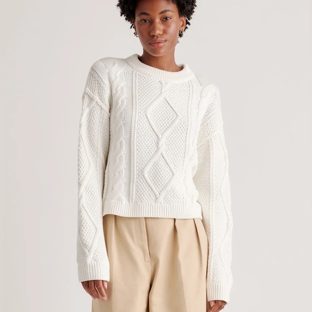 Quince Ivory 100% Organic Cotton Cropped Cable Crew Boxy Sweater - Size XL
